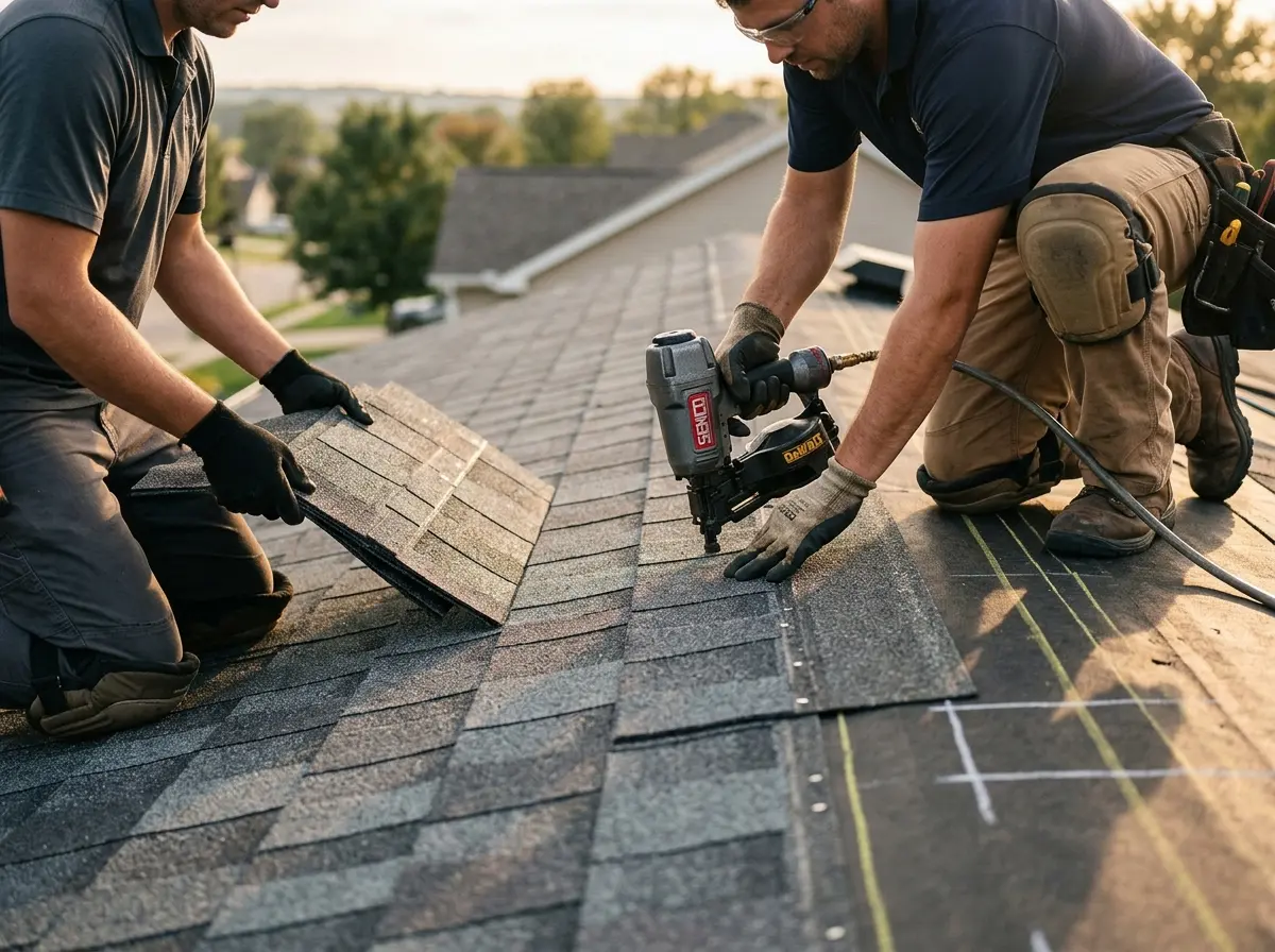 Professional roofer working on a residential roof in Kinston